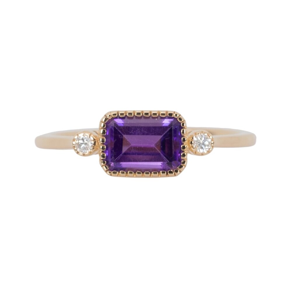 Emerald Cut Amethyst Ring with Natural Diamond Accents in Solid 14K Yellow Gold